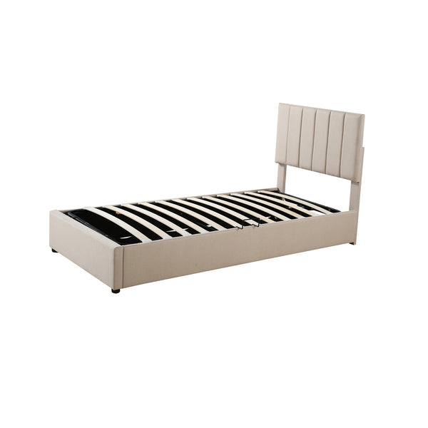 English Elm Twin Upholstered Hydraulic Storage Bed with Vertical Stripe Headboard, Space-Saving Modern Platform Beige SF000185AAA