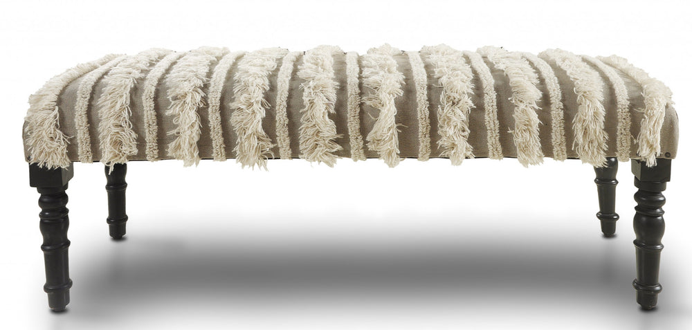 Homeroots 47" Cream Textural Boho Stripe Black Leg Upholstered Bench  Solid Wood 483748