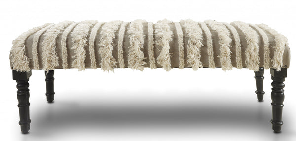 Homeroots 47" Cream Textural Boho Stripe Black Leg Upholstered Bench  Solid Wood 483748