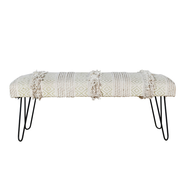 Homeroots 47" Ivory And Gold Geometric Black Leg Upholstered Bench  Metal 483749