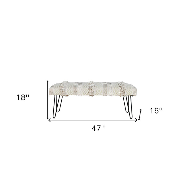 Homeroots 47" Ivory And Gold Geometric Black Leg Upholstered Bench  Metal 483749