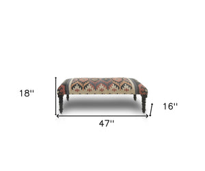 Homeroots 47" Beige Brown And Rust And Black Jute And Wool Blend Upholstered Southwest Distressed Bench   483750
