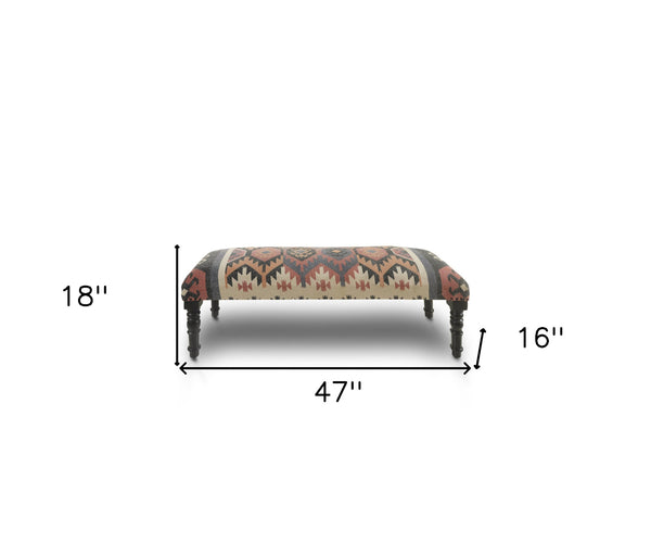 Homeroots 47" Beige Brown And Rust And Black Jute And Wool Blend Upholstered Southwest Distressed Bench   483750