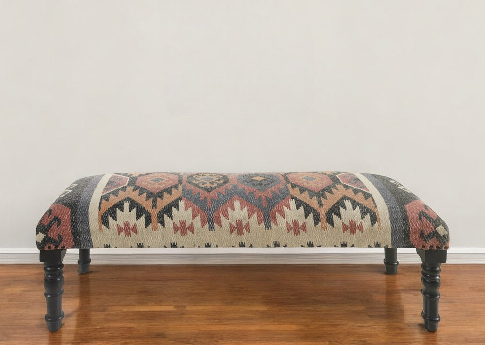 Homeroots 47" Beige Brown And Rust And Black Jute And Wool Blend Upholstered Southwest Distressed Bench   483750