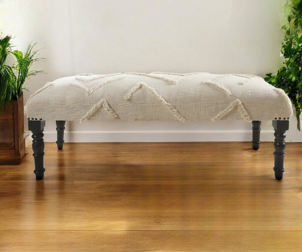 HomeRoots 47" Cream & Black Geometric Upholstered Bench - Stylish, Comfortable Seating for Two in Any Space 483751