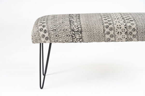 Homeroots 47" Charcoal Gray And White Black Leg Abstract Floral Upholstered Bench  Manufactured Wood 483755