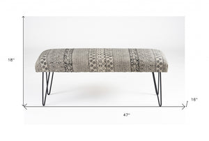 Homeroots 47" Charcoal Gray And White Black Leg Abstract Floral Upholstered Bench  Manufactured Wood 483755