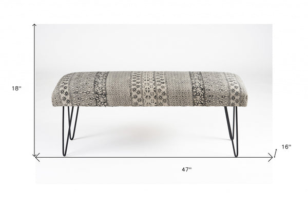 Homeroots 47" Charcoal Gray And White Black Leg Abstract Floral Upholstered Bench  Manufactured Wood 483755