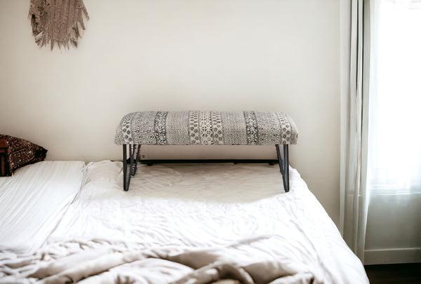 Homeroots 47" Charcoal Gray And White Black Leg Abstract Floral Upholstered Bench  Manufactured Wood 483755