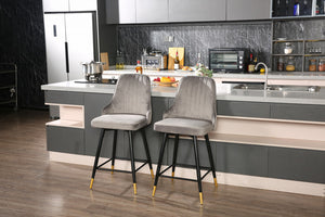 Homeroots Set Of Two 26" Gray And Black And Gold Velvet And Steel Swivel Counter Height Bar Chairs   483757