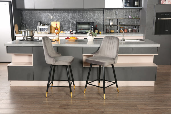 Homeroots Set Of Two 26" Gray And Black And Gold Velvet And Steel Swivel Counter Height Bar Chairs   483757