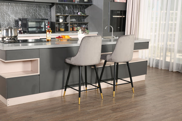 Homeroots Set Of Two 26" Gray And Black And Gold Velvet And Steel Swivel Counter Height Bar Chairs   483757