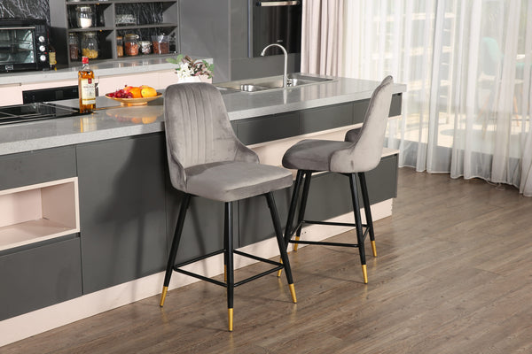 Homeroots Set Of Two 26" Gray And Black And Gold Velvet And Steel Swivel Counter Height Bar Chairs   483757