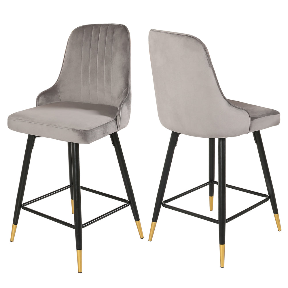 Homeroots Set Of Two 26" Gray And Black And Gold Velvet And Steel Swivel Counter Height Bar Chairs   483757