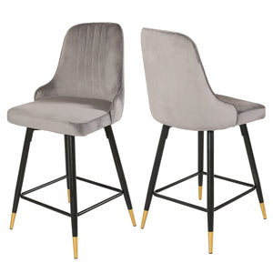 Homeroots Set Of Two 26" Gray And Black And Gold Velvet And Steel Swivel Counter Height Bar Chairs   483757
