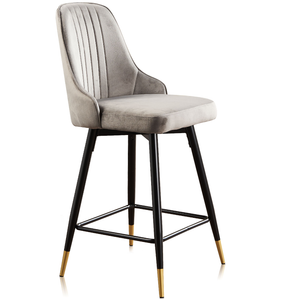 Homeroots Set Of Two 26" Gray And Black And Gold Velvet And Steel Swivel Counter Height Bar Chairs   483757