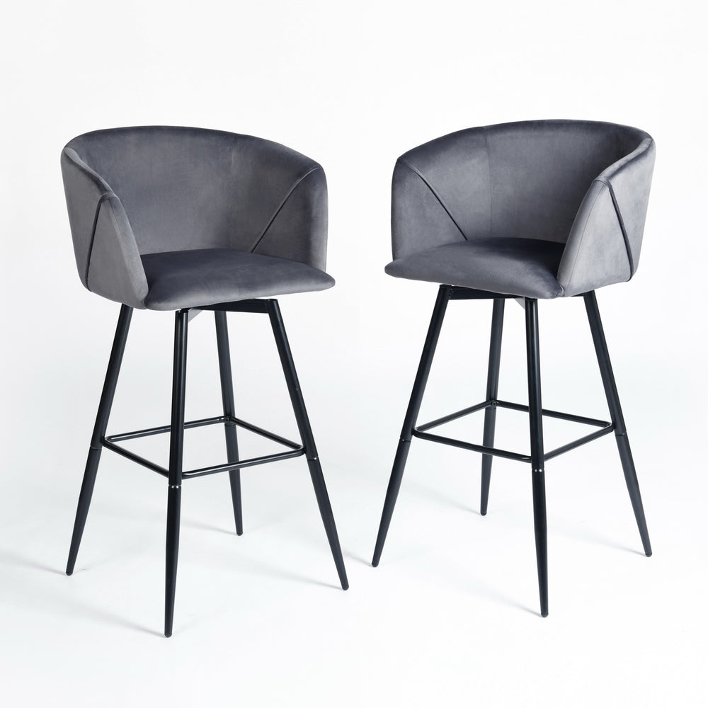 Homeroots Set Of Two 28" Gray And Black Velvet And Steel Low Back Bar Height Bar Chairs   483779