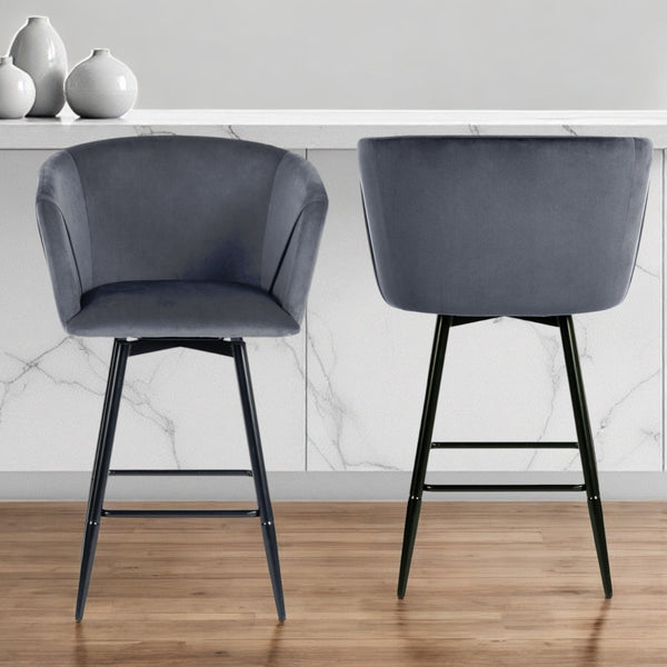 Homeroots Set Of Two 28" Gray And Black Velvet And Steel Bar Chairs   483780