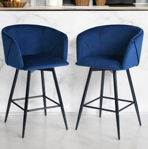 Homeroots Set Of Two 28" Blue And Black Velvet And Steel Low Back Bar Height Bar Chairs   483781