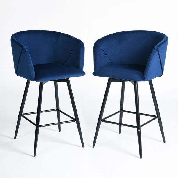 Homeroots Set Of Two 28" Blue And Black Velvet And Steel Low Back Bar Height Bar Chairs   483781