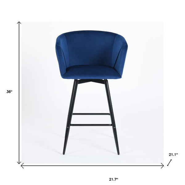 Homeroots Set Of Two 28" Blue And Black Velvet And Steel Low Back Bar Height Bar Chairs   483781