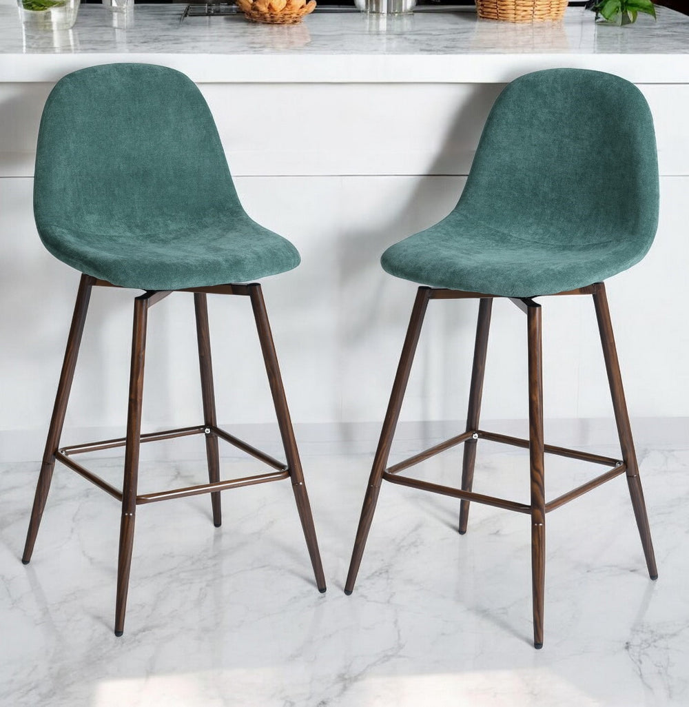 Homeroots Set Of Two 26" Green And Brown Velvet And Steel Counter Height Bar Chairs   483789