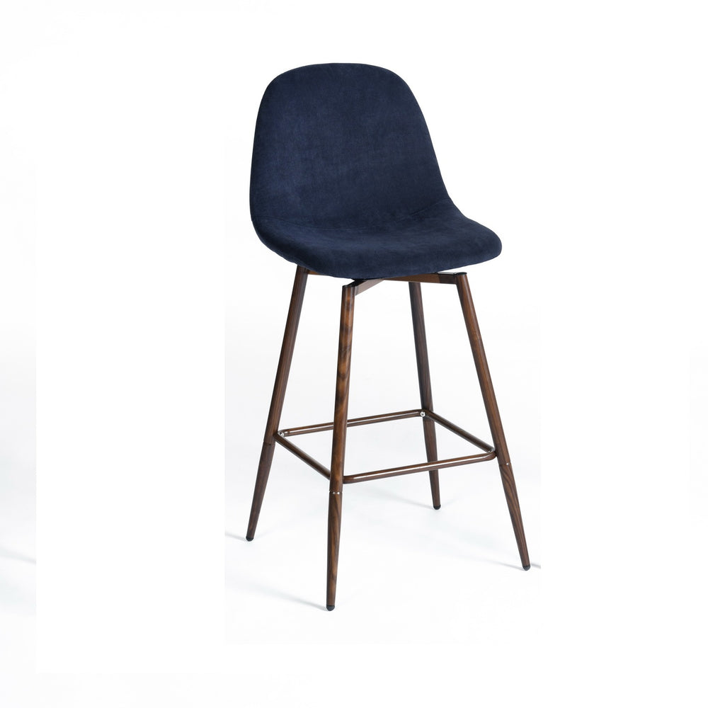 Homeroots Set Of Two 26" Blue And Brown Velvet And Steel Counter Height Bar Chairs   483790