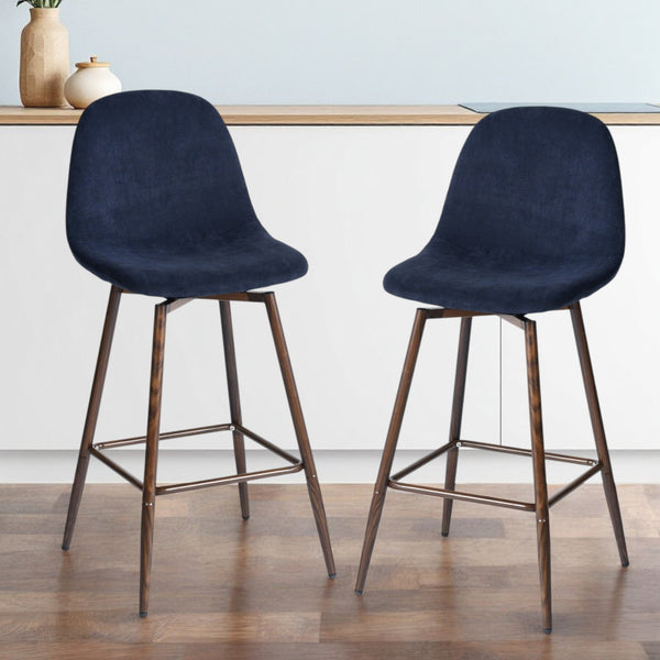 Homeroots Set Of Two 26" Blue And Brown Velvet And Steel Counter Height Bar Chairs   483790