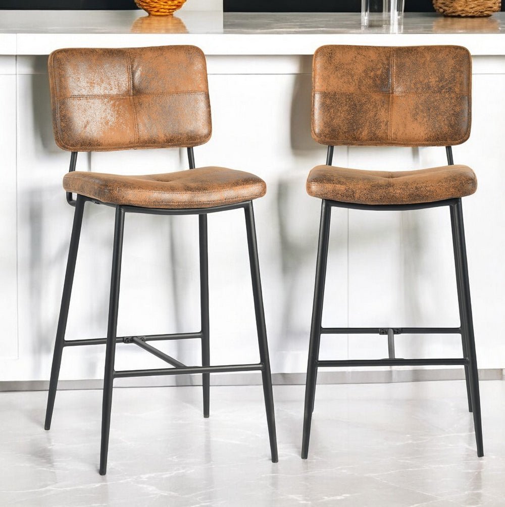Homeroots Set Of Two 27" Brown And Black Faux Leather And Steel Low Back Counter Height Bar Chairs   483798