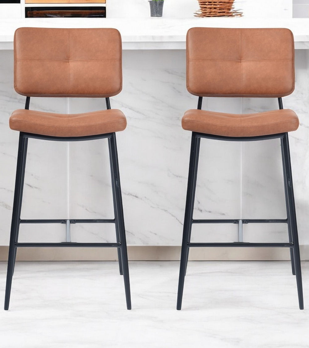 Homeroots Set Of Two 27" Camel And Black Faux Leather And Steel Low Back Counter Height Bar Chairs   483799
