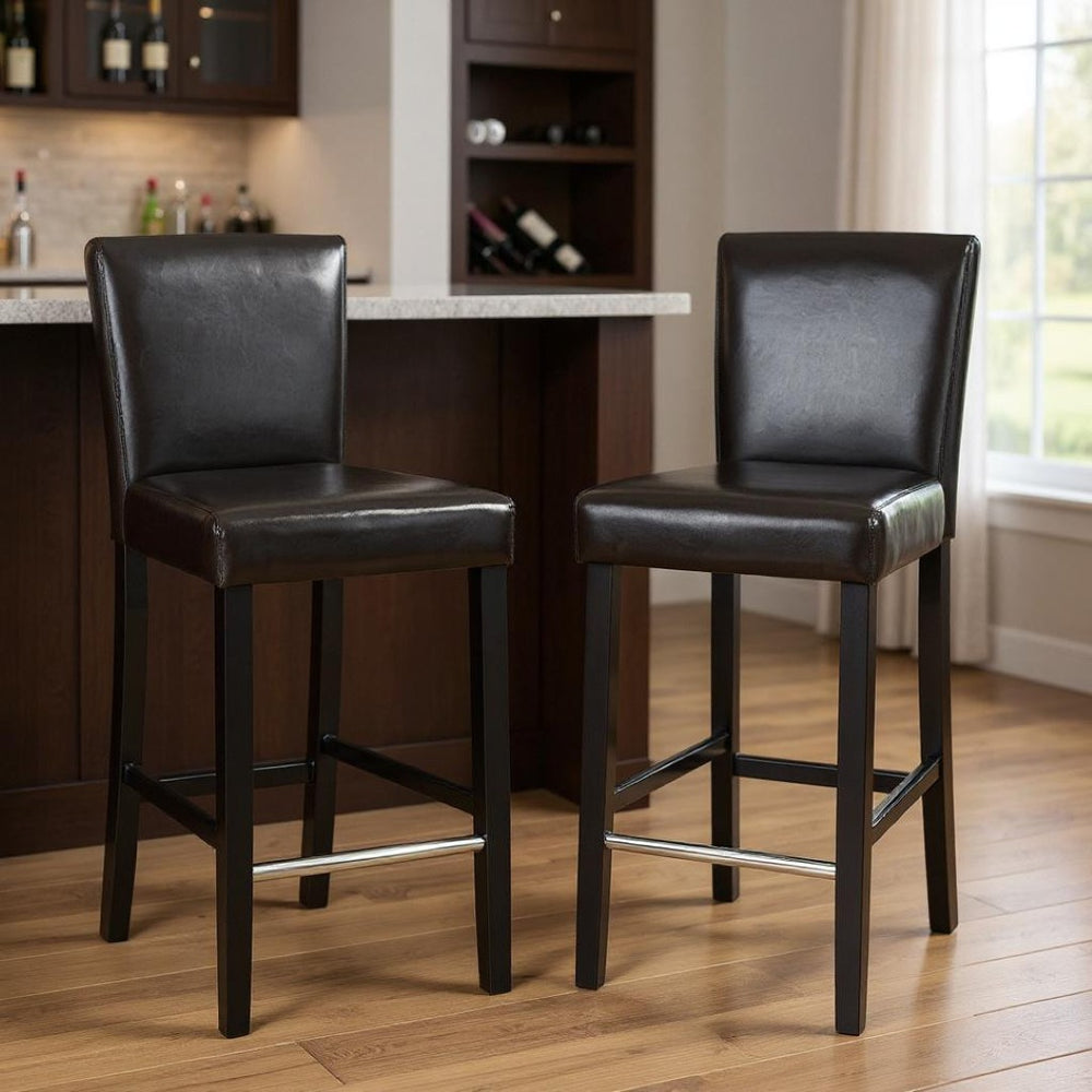 HomeRoots Set of Two 28" Brown Faux Leather Bar Height Stools with Black Steel Frame for Modern Spaces 483813