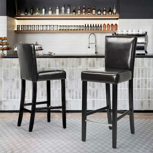 HomeRoots Set of Two 28" Brown Faux Leather Bar Height Stools with Black Steel Frame for Modern Spaces 483813