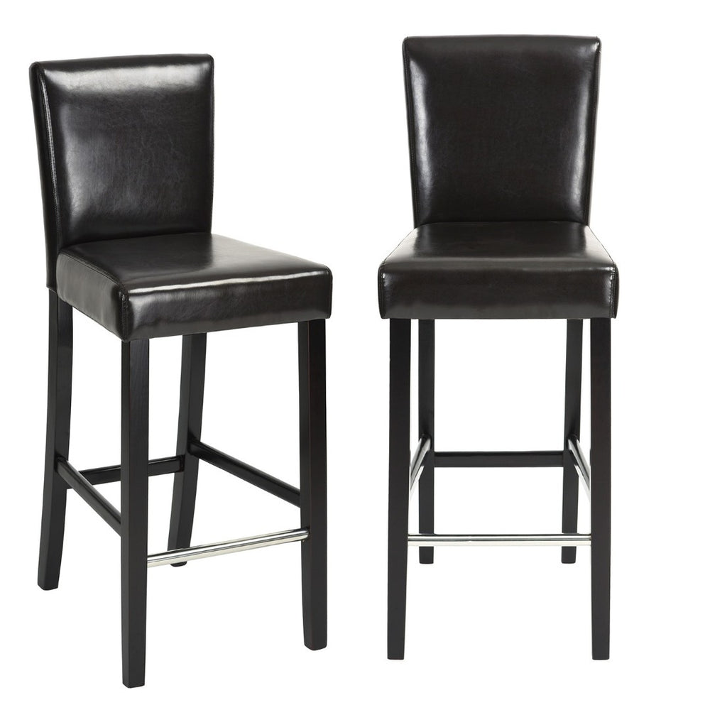 HomeRoots Set of Two 28" Brown Faux Leather Bar Height Stools with Black Steel Frame for Modern Spaces 483813