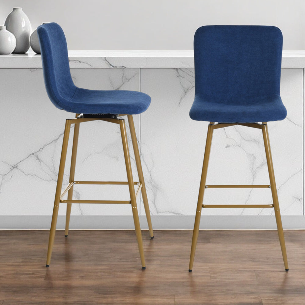 Homeroots Set Of Two 29" Dark Blue And Gold Steel Bar Height Bar Chairs   483816