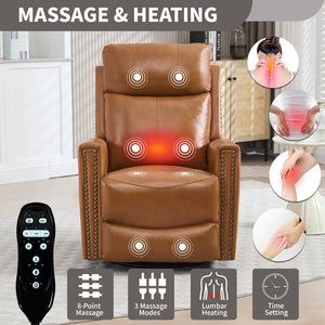 English Elm Orange Genuine Leather Massage Rocking Swivel Recliner with Lumbar Heat for Living Room W1803P323715