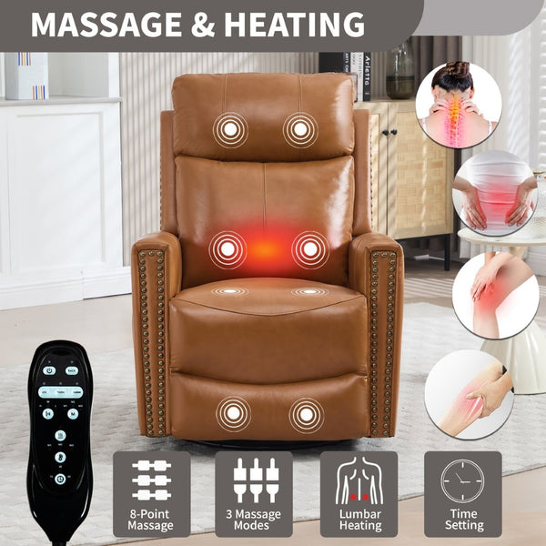 English Elm Orange Genuine Leather Massage Rocking Swivel Recliner with Lumbar Heat for Living Room W1803P323715