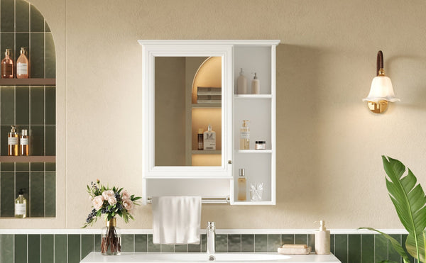 English Elm 3-in-1 Matte Medicine Cabinet Wall Mounted Mirror with Towel Bar and Storage Shelf White N710P401340K