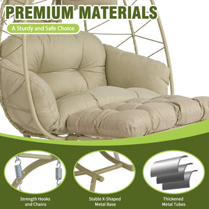 English Elm 2 Person Wicker Hanging Egg Chair with Stand Padded Cushions Patio Swing Seat T5880P500217