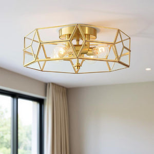 Brass Four Light Dimmable Flush Mount Chandelier with Clear Glass Shades for Modern Interiors