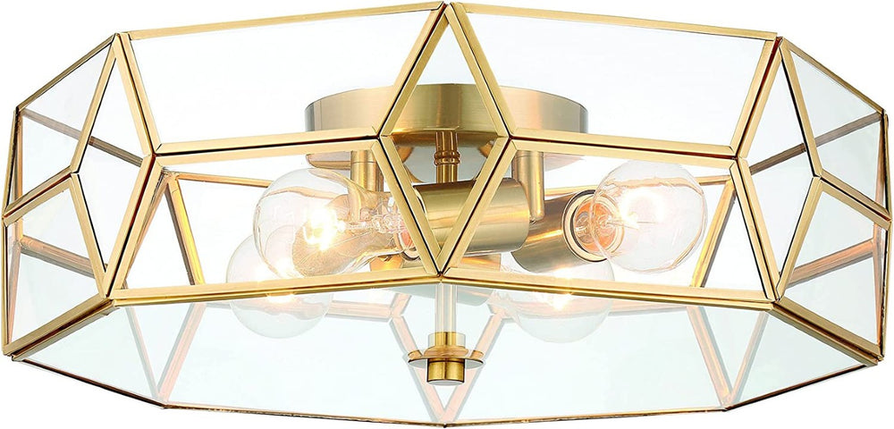 HomeRoots Brass Four Light Dimmable Flush Mount Chandelier with Clear Glass Shades for Modern Interiors 18.11" W x 5.91" H x 18.11" D 483960