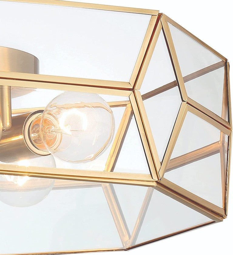 HomeRoots Brass Four Light Dimmable Flush Mount Chandelier with Clear Glass Shades for Modern Interiors 18.11" W x 5.91" H x 18.11" D 483960