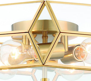 Brass Four Light Dimmable Flush Mount Chandelier with Clear Glass Shades for Modern Interiors