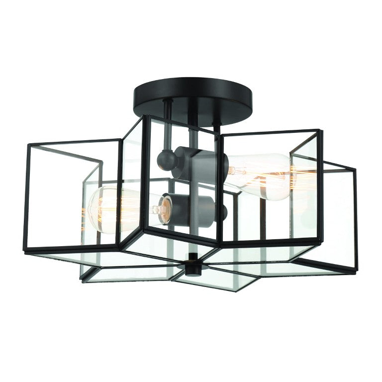 HomeRoots Black Metal Two Light Dimmable Ceiling Fixture with Clear Glass Shades for Modern Homes 483963