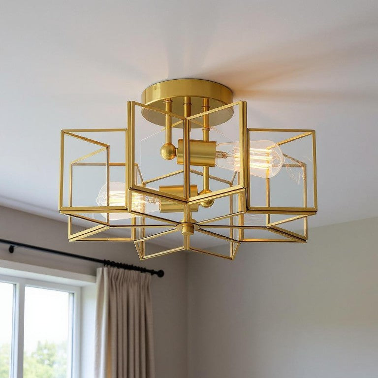 HomeRoots Brass Dimmable Two Light Flush Mount Chandelier with Clear Glass Shades for Entryways 483964