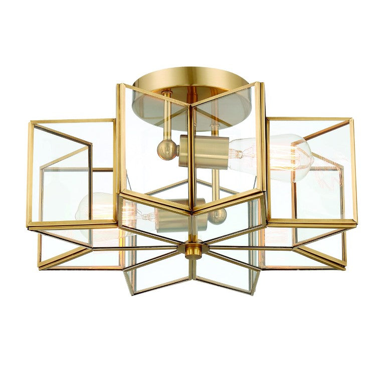 HomeRoots Brass Dimmable Two Light Flush Mount Chandelier with Clear Glass Shades for Entryways 483964