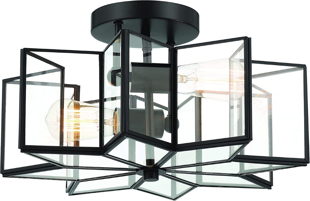 HomeRoots Black Two Light Dimmable Metal Ceiling Fixture with Clear Shades for Modern Rooms 483965