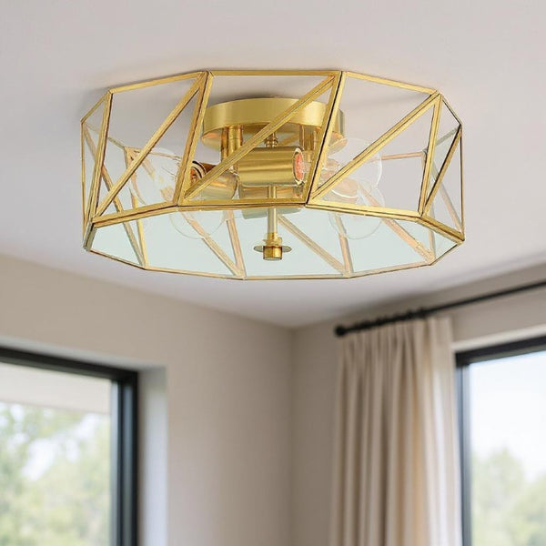 Brass Four Light Dimmable Flush Mount Chandelier with Clear Glass Shades for Modern Interiors