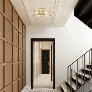 Brass Four Light Dimmable Flush Mount Chandelier with Clear Glass Shades for Modern Interiors