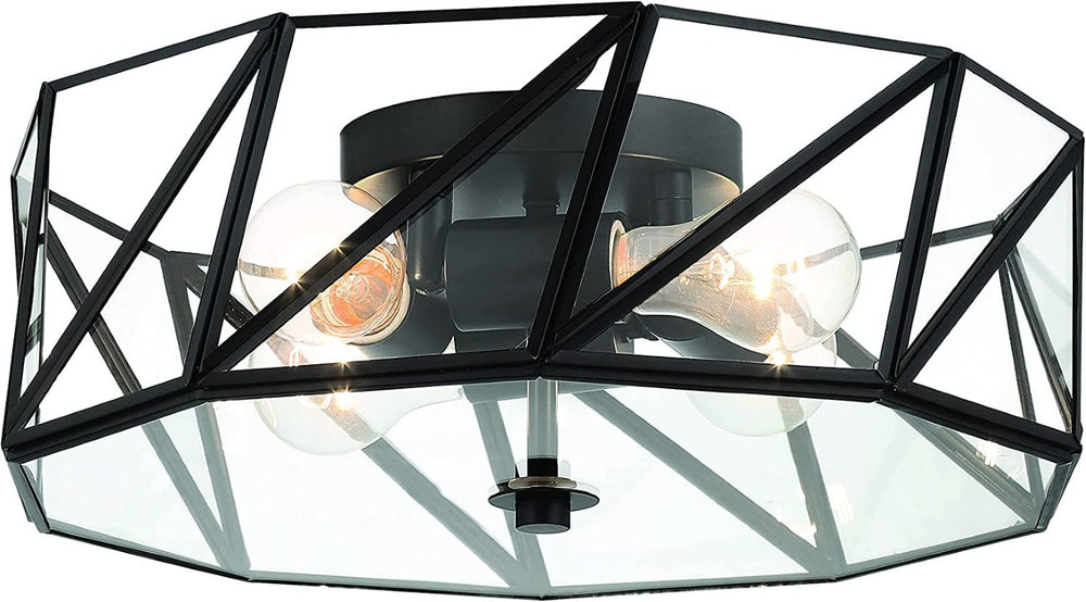 HomeRoots Black Four Light Dimmable Metal Flush Chandelier with Clear Glass Shades for Modern Ceilings 15.94" W x 5.51" H x 15.94" D 483968