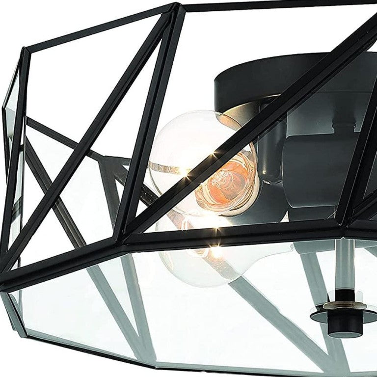 HomeRoots Black Four Light Dimmable Metal Flush Chandelier with Clear Glass Shades for Modern Ceilings 15.94" W x 5.51" H x 15.94" D 483968